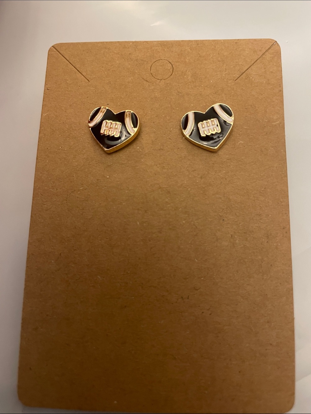 Gold Heart Football Stud Earrings with Black Enamel